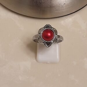 Silver and Red Pearlesque Tribal Ring Size 8